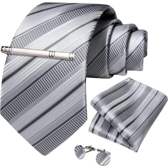 Mens Striped Tie Silk Woven Necktie and Pocket Square Cufflinks Tie Clip Set - Picture 3 of 8